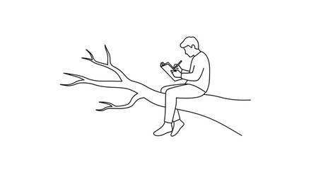 Fototapeta premium Man Sitting on Tree Branch Writing in Notebook, Creative Inspiration Concept