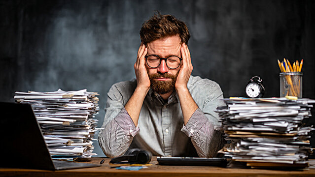 Stressed and overworked businessman sitting at desk with high piles of documents.