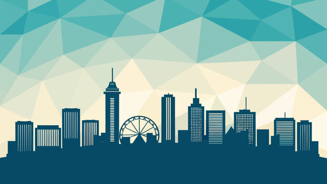 Modern urban city skyline silhouette featuring tall skyscrapers and a ferris wheel design set against a geometric low poly background in soft teal and cream tones