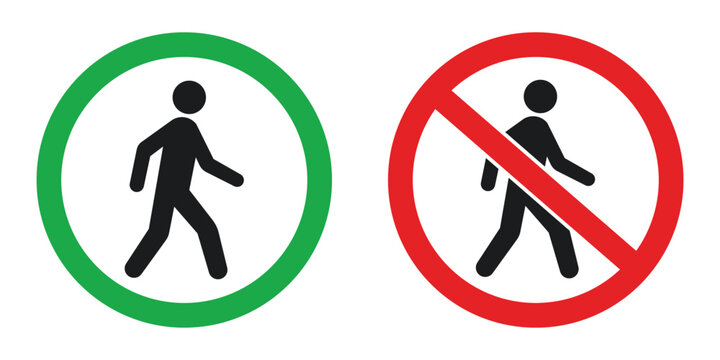 Pedestrian walking allowed and forbidden signs with green and red circular frames for traffic safety and road signals