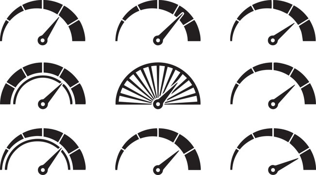 Speedometer icon set with black silhouette performance gauges dashboard tachometers and rapid acceleration dial indicator vectors isolated on white background