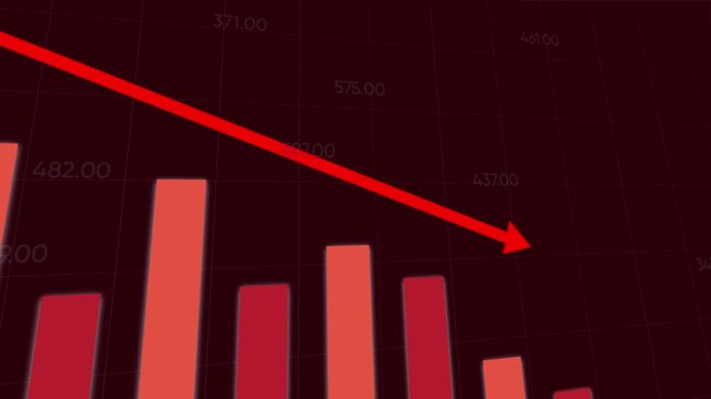 Financial market crash with downward red arrow, dynamic camera movement following stock chart decline
