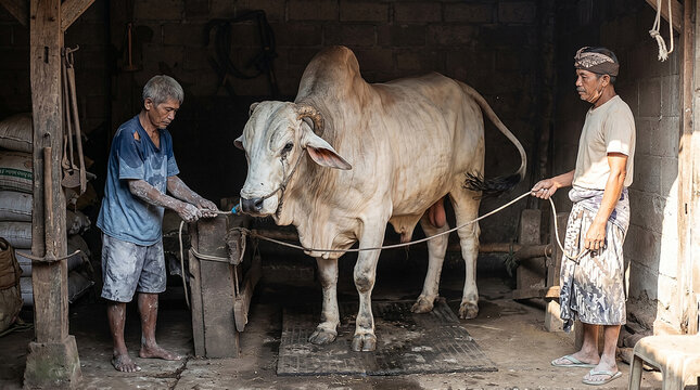 Farmers managing sacrificial humped cow inside traditional barn