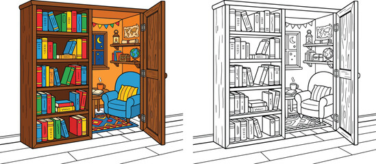 Cozy Secret Reading Nook Behind Bookshelf Coloring Page and Color Illustration Set for Kids Hidden Room with Armchair and Books for Educational Activity © Snehashish Pritom