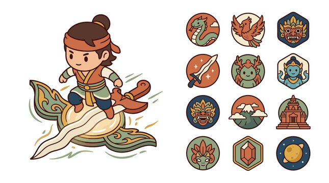 Cute chibi male warrior riding a flying kris dagger alongside twelve mythical icons featuring Naga, Garuda, Barong masks, and traditional temples, modern flat vector illustration.