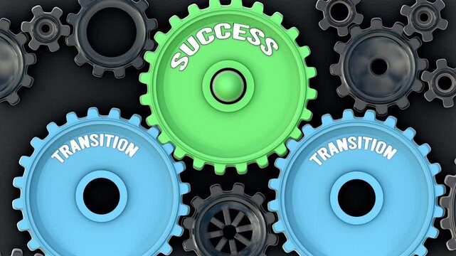Transition powers success. It's the driving force that turn Success into reality. Transition sets success in motion. Engine gears metaphor. Made for humans by humans, no AI