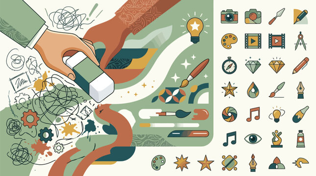 Modern flat vector illustration of the creative design process featuring a hand erasing scribbles alongside a grid of icons including camera, light bulb, palette, and various tools.