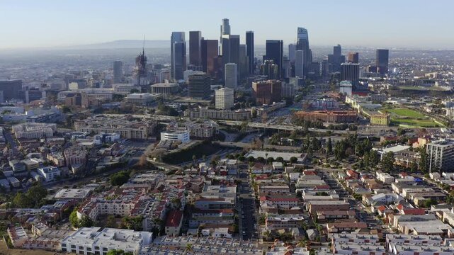 DTLA from Echo Lake near Dodger Stadium Drone Aerial View Los Angeles California