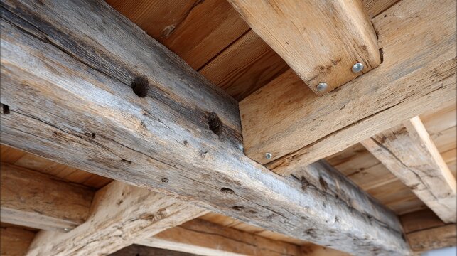 Rustic wooden ceiling beams and joists in interior roof structure