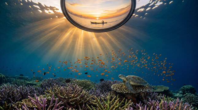 Underwater Coral Reef Sea Turtle Fish School Ocean Surface Sunset Fisherman