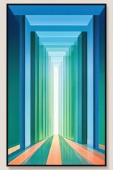 Fototapeta premium Abstract translucent corridor of blue and green columns with deep perspective and glowing light