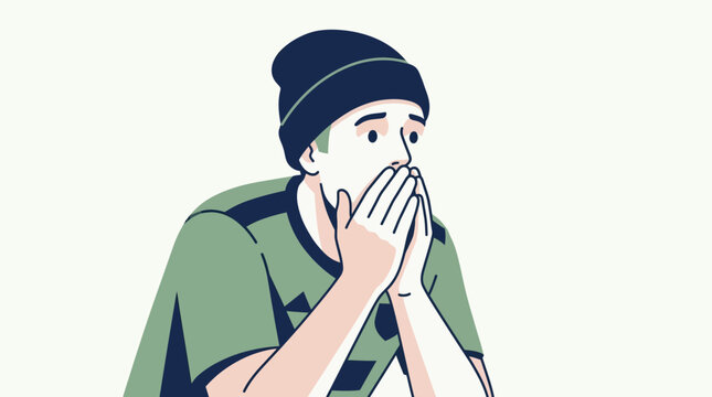 Flat vector illustration of a shocked young man wearing a dark beanie and green t-shirt, covering his mouth with both hands in disbelief or surprise, isolated on a light background.