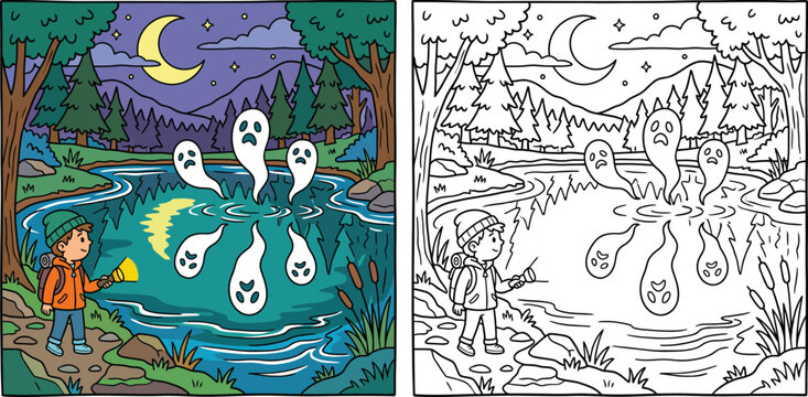 Spooky Night Scene with Boy Hiker and Ghosts in a Forest Lake Colored and Black and White Line Art Illustration for Kids Coloring Book Page