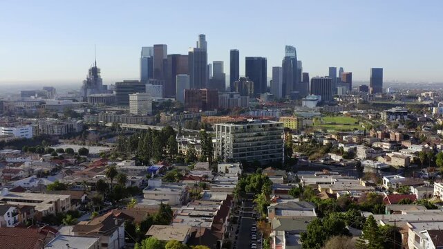 DTLA from Echo Lake near Dodger Stadium Drone Aerial View Los Angeles California