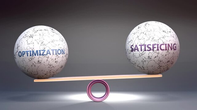 Optimization and satisficing in balance - balancing stones on a scale symbolizing harmony, equity and equilibrium between optimization and satisficing. Harmonious and beneficial situation.