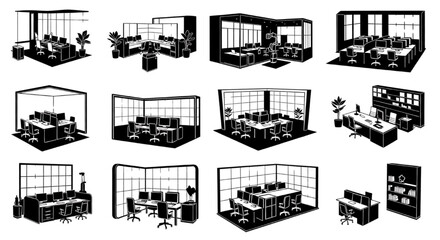 Naklejka premium Modern AI Office Workspace Silhouette Vector Collection with Smart Tech Cubicles and Corporate Interior Layouts