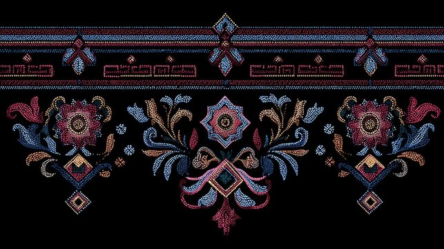 66.Native inspired vector illustration in embroidery style, stitched thread texture, decorative symbols and motifs, handcrafted textile appearance, cultural ornamental design