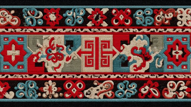 66.Native inspired vector illustration in embroidery style, stitched thread texture, decorative symbols and motifs, handcrafted textile appearance, cultural ornamental design