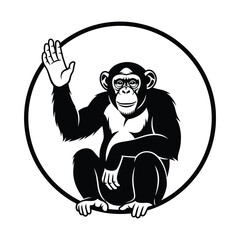 Chimpanzee mascot waving hand in circle frame, black and white monkey vector illustration, primate animal logo icon