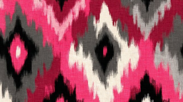 50.Traditional ikat style seamless pattern with bold geometric shapes, ethnic oriental influence, soft blurred edges mimicking dye technique, balanced repeating layout