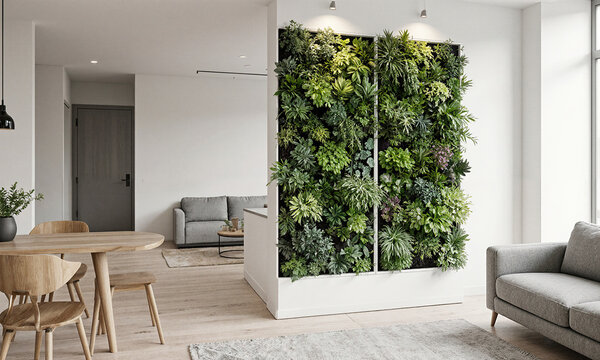 Living wall vertical garden interior design with a lush plant partition dividing a modern open plan minimalist living room space