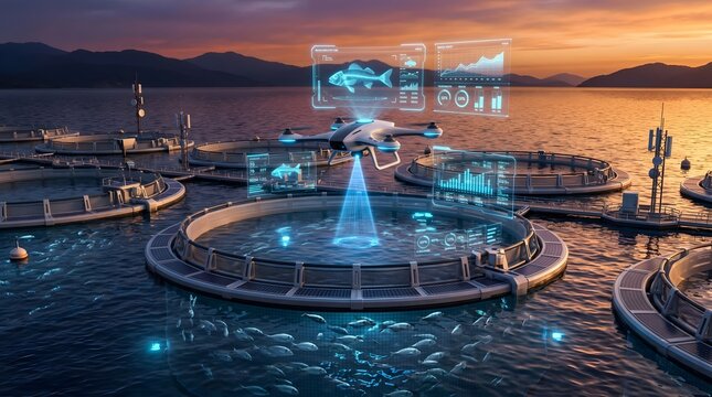 "Autonomous drone scanning circular offshore fish farming cages at sunset representing smart aquaculture and technology innovation"