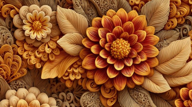 34.Detailed 3D flower pattern with dimensional petals and leaves, balanced composition, refined ornamental surface design