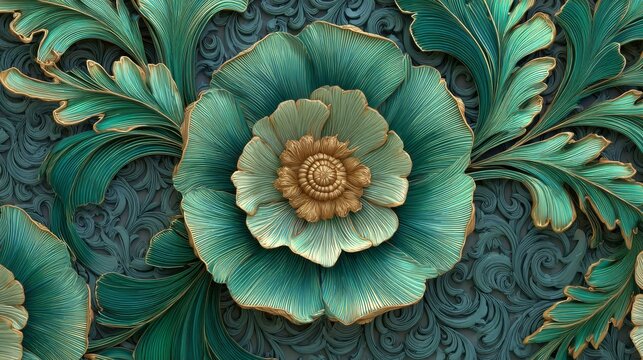 34.Detailed 3D flower pattern with dimensional petals and leaves, balanced composition, refined ornamental surface design