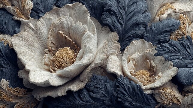 34.Detailed 3D flower pattern with dimensional petals and leaves, balanced composition, refined ornamental surface design