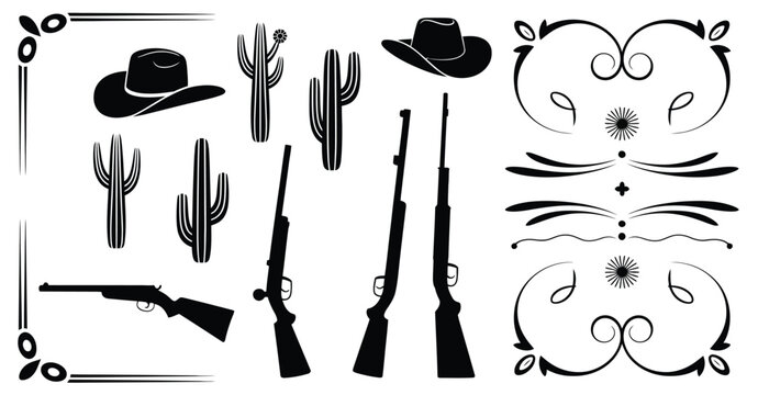 Old Western Design Elements Collection, Vintage Embellishment Ornaments with Decorative Borders and Divider Lines, Engraved Cowboy Style Ornaments in Rustic Antique Illustration Set.