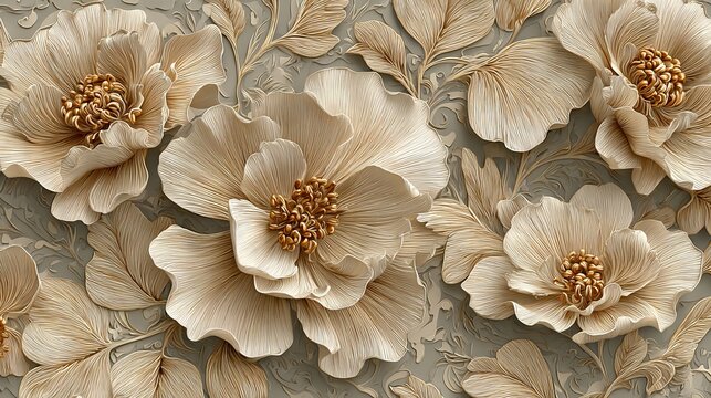 32.Decorative 3D floral pattern with dimensional blossoms, smooth textures, gentle highlights and shadows, seamless ornamental background