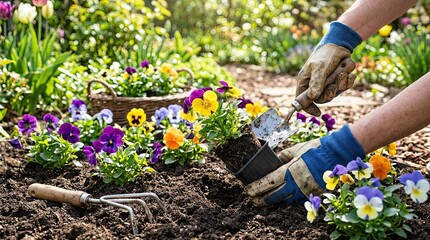 Fototapeta premium Gardener planting colorful pansies in a vibrant garden bed