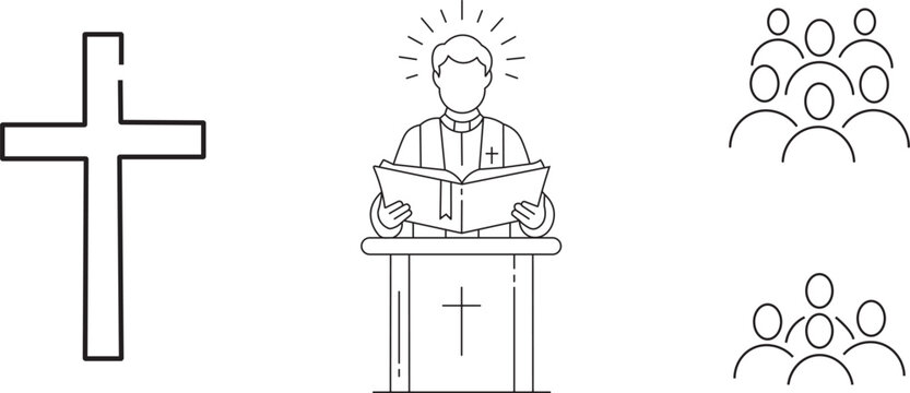 Christian icons set cross priest preaching and congregation line art illustrations