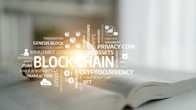 This image depicts the concept of blockchain technology, featuring keywords related to digital assets, cryptocurrency, and decentralized finance, illustrated attractively in a book setting. Tessel