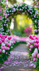 Fototapeta premium Enchanting floral garden pathway with pink tulips and blooming arch creating magical romantic spring scenery.