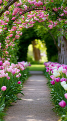 Fototapeta premium Enchanting floral garden pathway with pink tulips and blooming arch creating magical romantic spring scenery.