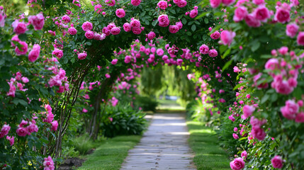 Fototapeta premium Romantic garden pathway beneath blooming pink rose arches creating enchanting floral landscape scenery.