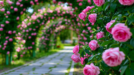 Fototapeta premium Romantic garden pathway beneath blooming pink rose arches creating enchanting floral landscape scenery.