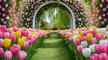 Fototapeta premium Colorful tulip garden pathway with floral arch tunnel creating magical spring landscape and romantic atmosphere.