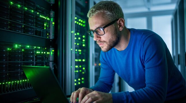 Man working on laptop in server room with green lights on equipment