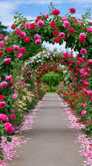 Fototapeta premium Romantic garden pathway beneath blooming pink rose arches creating enchanting floral landscape scenery.