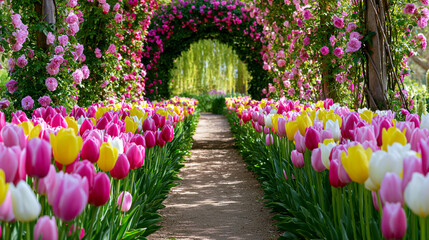 Fototapeta premium Colorful tulip garden pathway with floral arch tunnel creating magical spring landscape and romantic atmosphere.