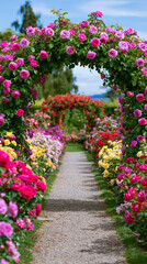 Obraz premium Colorful tulip garden walkway beneath blooming floral arches creating enchanting spring landscape scenery.