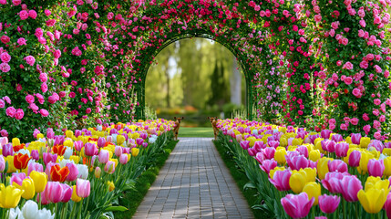 Fototapeta premium Colorful tulip garden walkway beneath blooming floral arches creating enchanting spring landscape scenery.