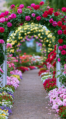 Obraz premium Colorful tulip garden walkway beneath blooming floral arches creating enchanting spring landscape scenery.