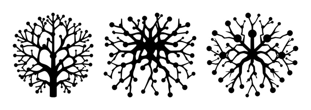 Neural network set with branching nodes displayed as solid black icons on white background featuring data visualization, computer science, tech illustration with vector graphics and line art