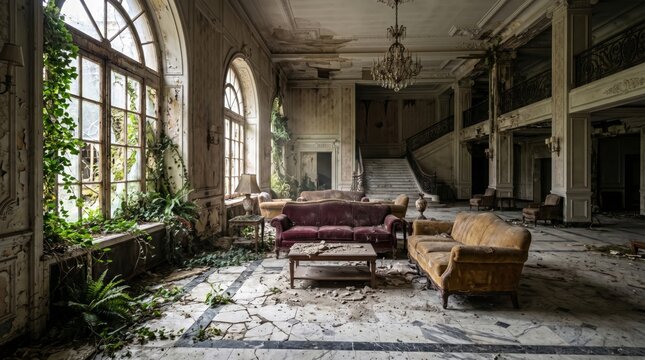 Abandoned Luxury Hotel Interior with Decayed Elegance