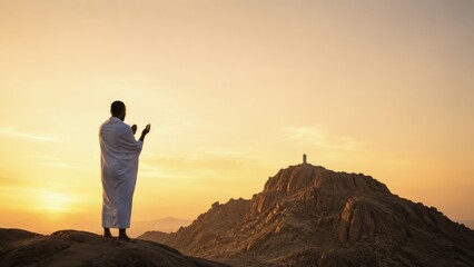 Fototapeta premium Muslim Pilgrim Praying at Mount Arafat During Hajj Sunset Pilgrimage