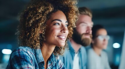 Obraz premium Smiling woman with colleagues in a modern office environment.