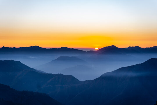 Sunrise Over Misty Mountain Ranges, Chakrata, Uttarakhand, India